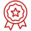 Badge pixelisé rouge avec une étoile centrale et des rubans, symbolisant une récompense, un succès ou une qualité supérieure.