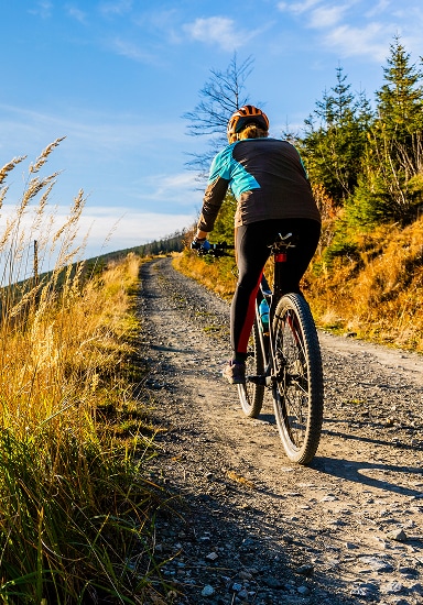Femme en VTT sur un sentier de montagne ensoleillé, entourée d'herbes dorées et de pins. Action de cyclisme en nature.