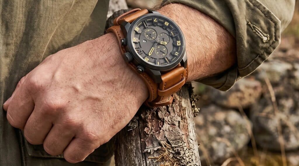 Montre chronographe noire avec large bracelet cuir marron portée par un homme en veste militaire, style outdoor robuste.